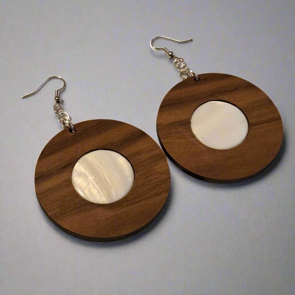 Handmade Wooden Walnut & Shell Round Disc Dangle Earrings – Boho Natural Jewelry